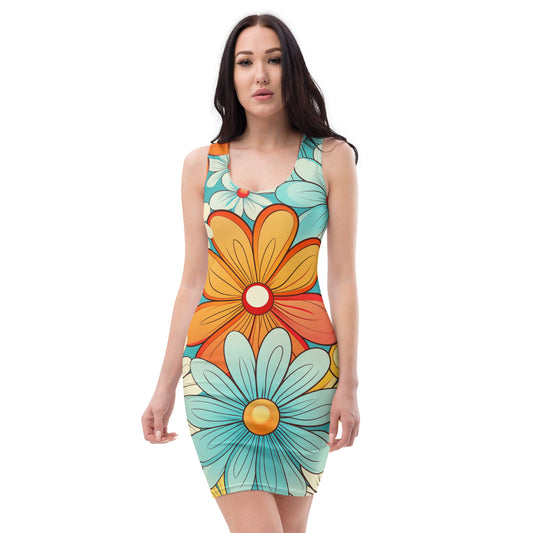 Groovy Floral Bodycon Dress Women, 70s 1970s Flower Power Pencil Fitted Homecoming Sleeveless Mini Cute Cocktail Party Prom Sexy Outfit