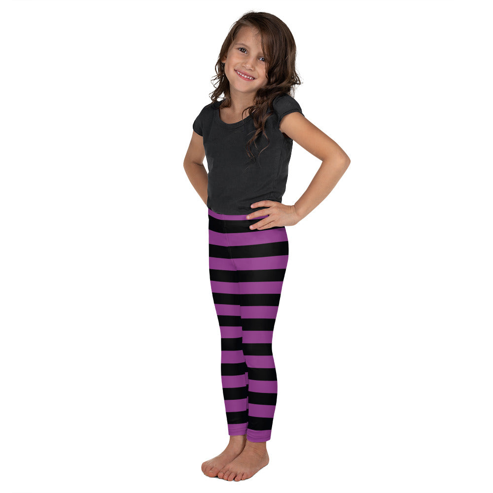 Black and Purple Striped Plus Size Leggings Women, Halloween Witch