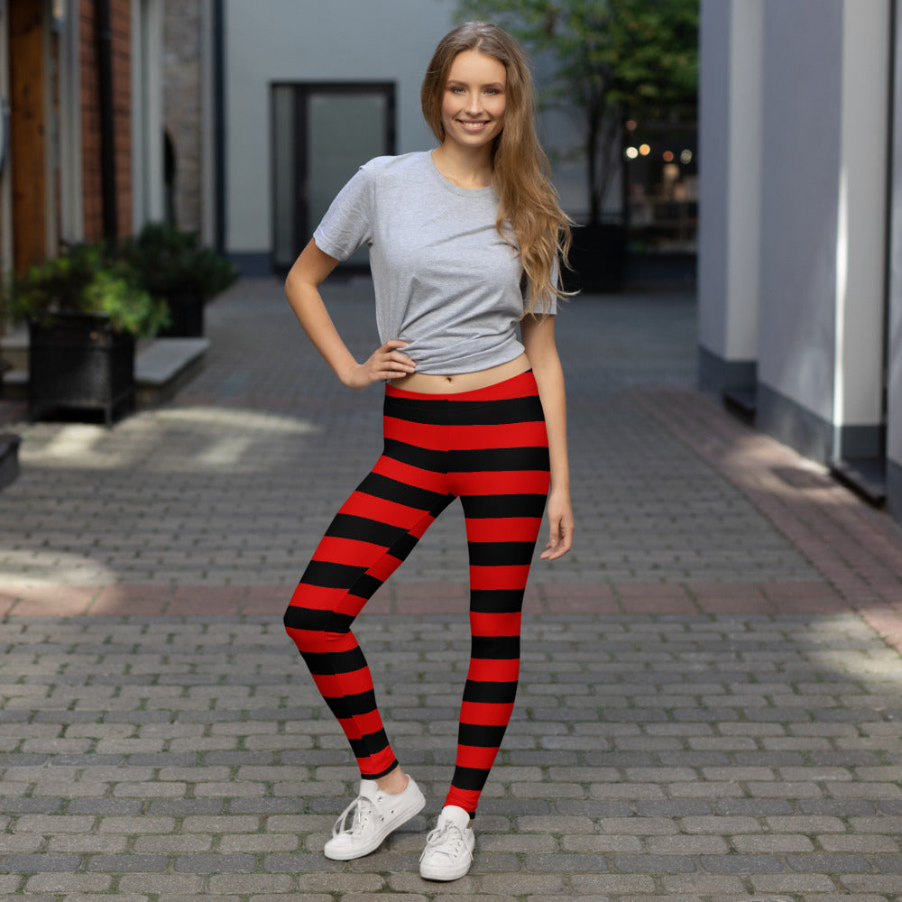 Red and Black Striped Leggings Women, Halloween Witch Goth Printed