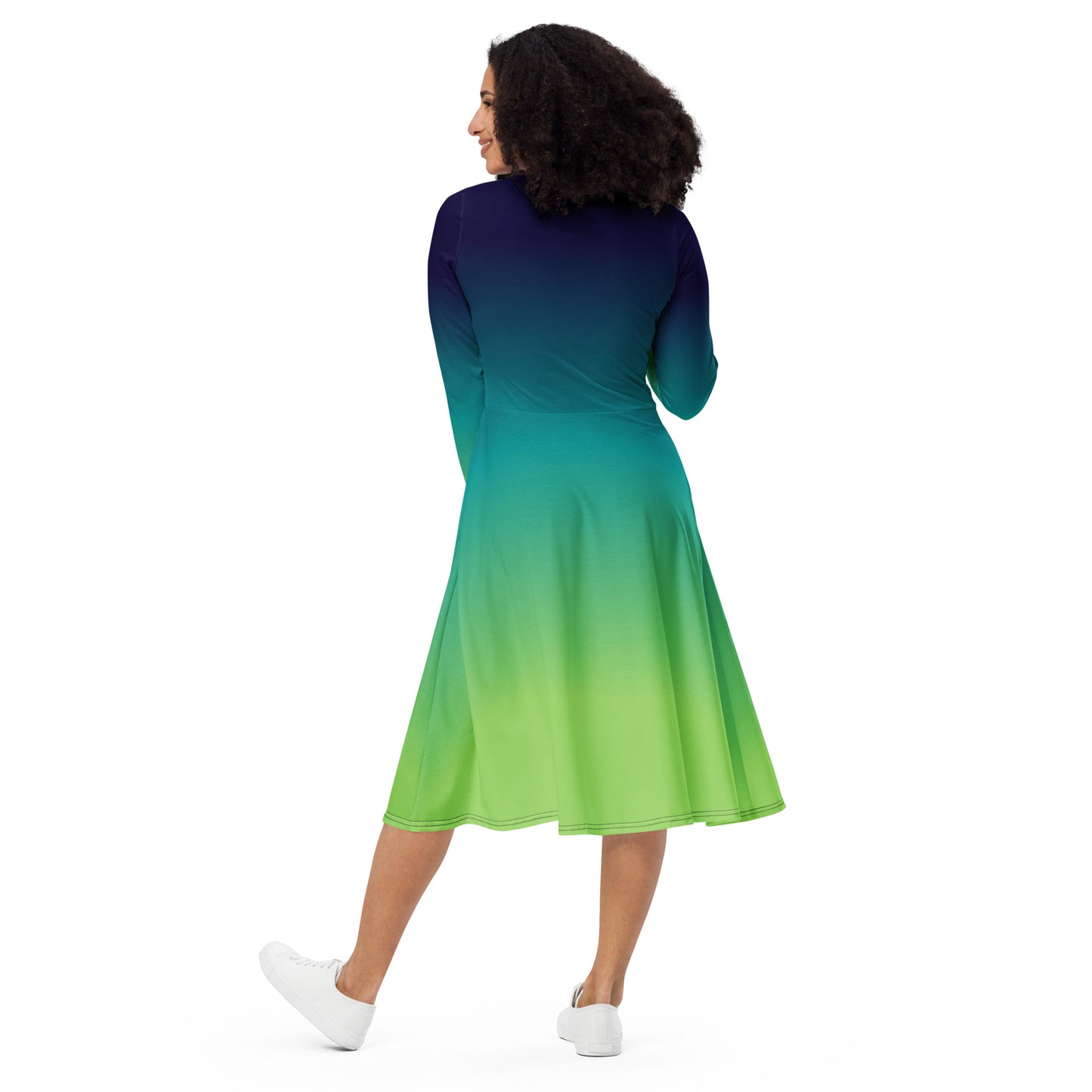 Blue Green Ombre Long Sleeve Midi Dress with Pockets, Tie Dye Gradient Women Casual Cute Designer Flare Elegant Plus Size Dress