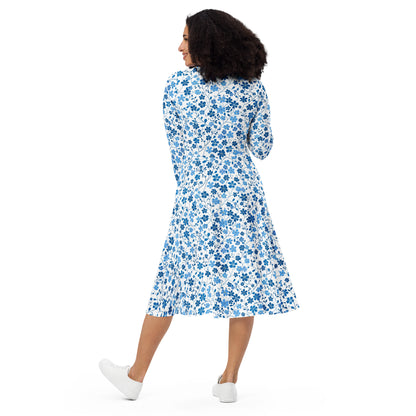 Blue Ditsy Floral Long Sleeve Midi Dress with Pockets, White Flower Women Casual Cute Designer Flare Elegant Evening Plus Size Cocktail