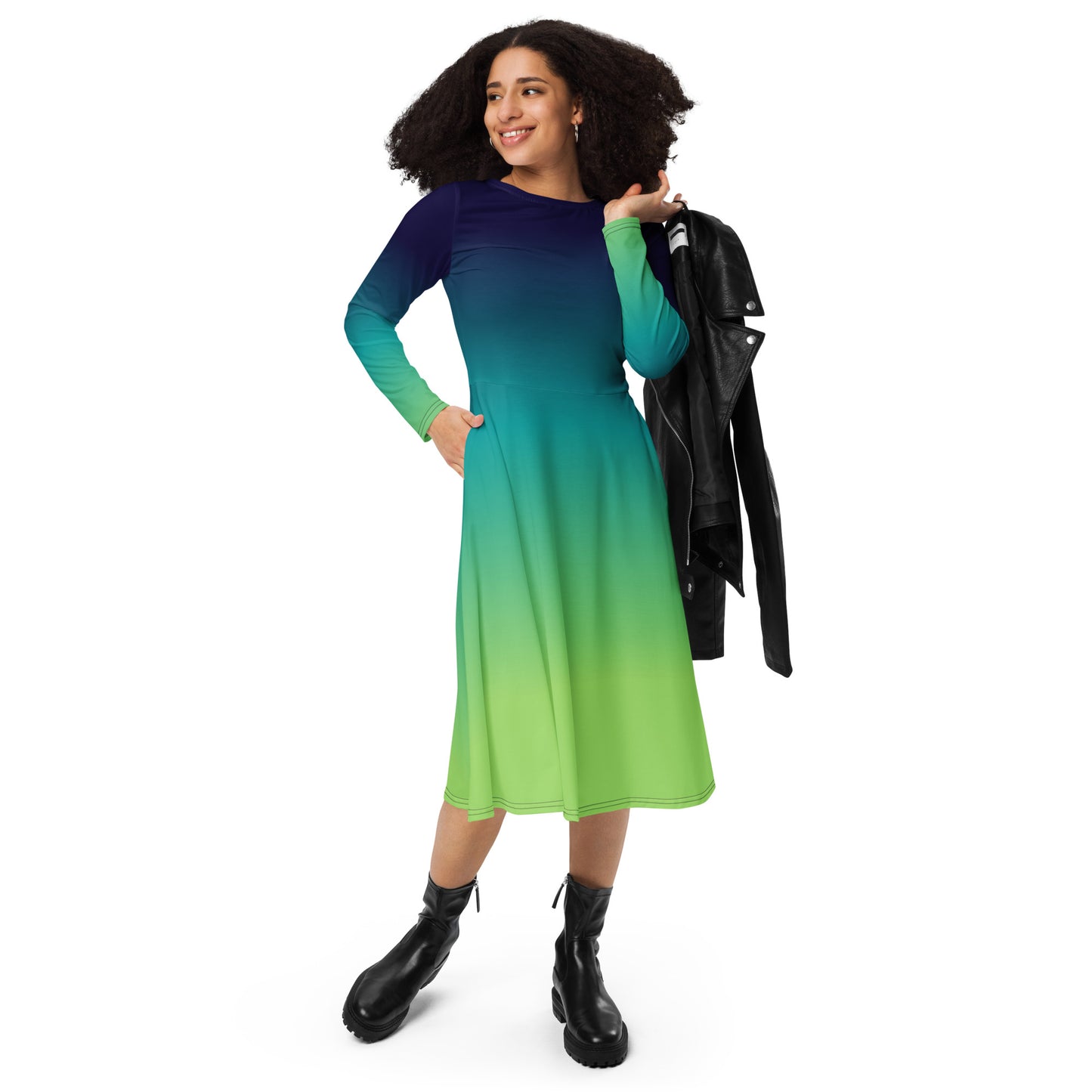 Blue Green Ombre Long Sleeve Midi Dress with Pockets, Tie Dye Gradient Women Casual Cute Designer Flare Elegant Plus Size Dress