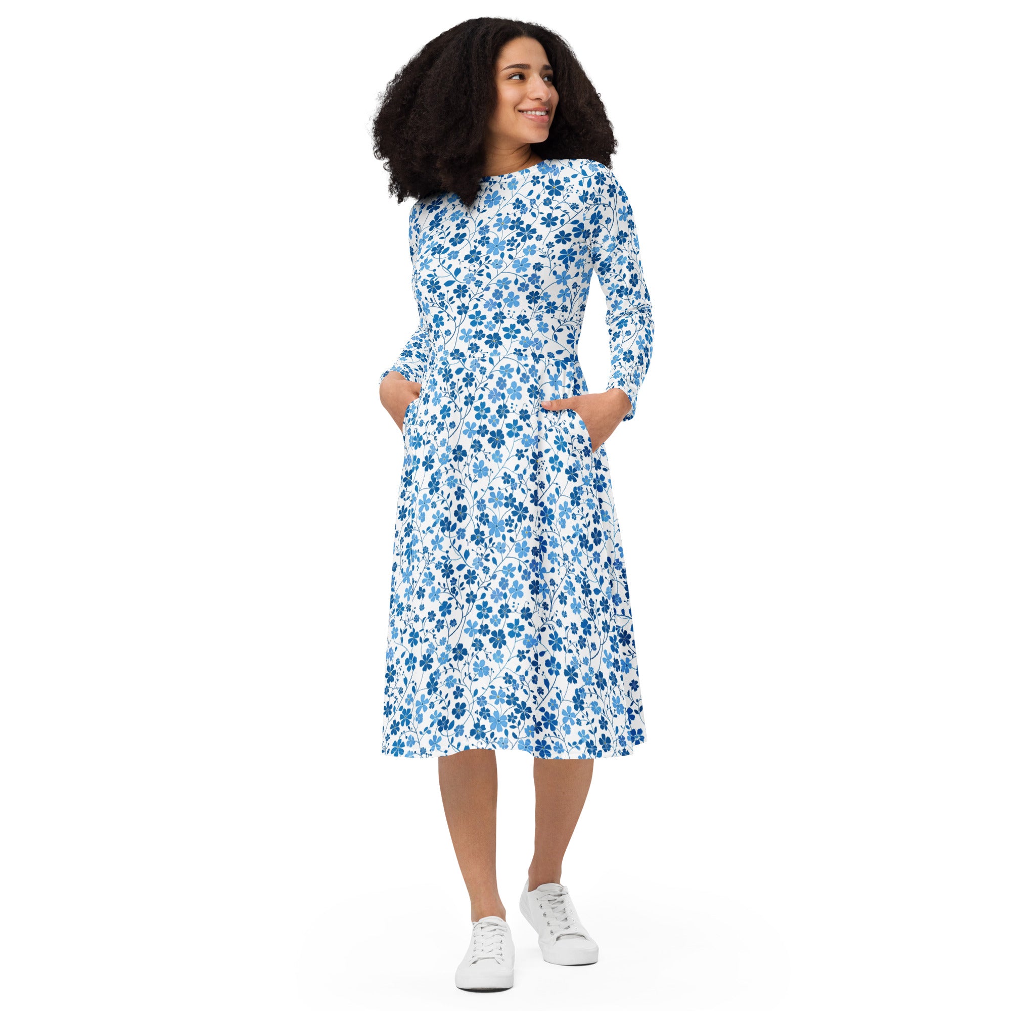 Blue Ditsy Floral Long Sleeve Midi Dress with Pockets, White Flower Wo –  Starcove Fashion