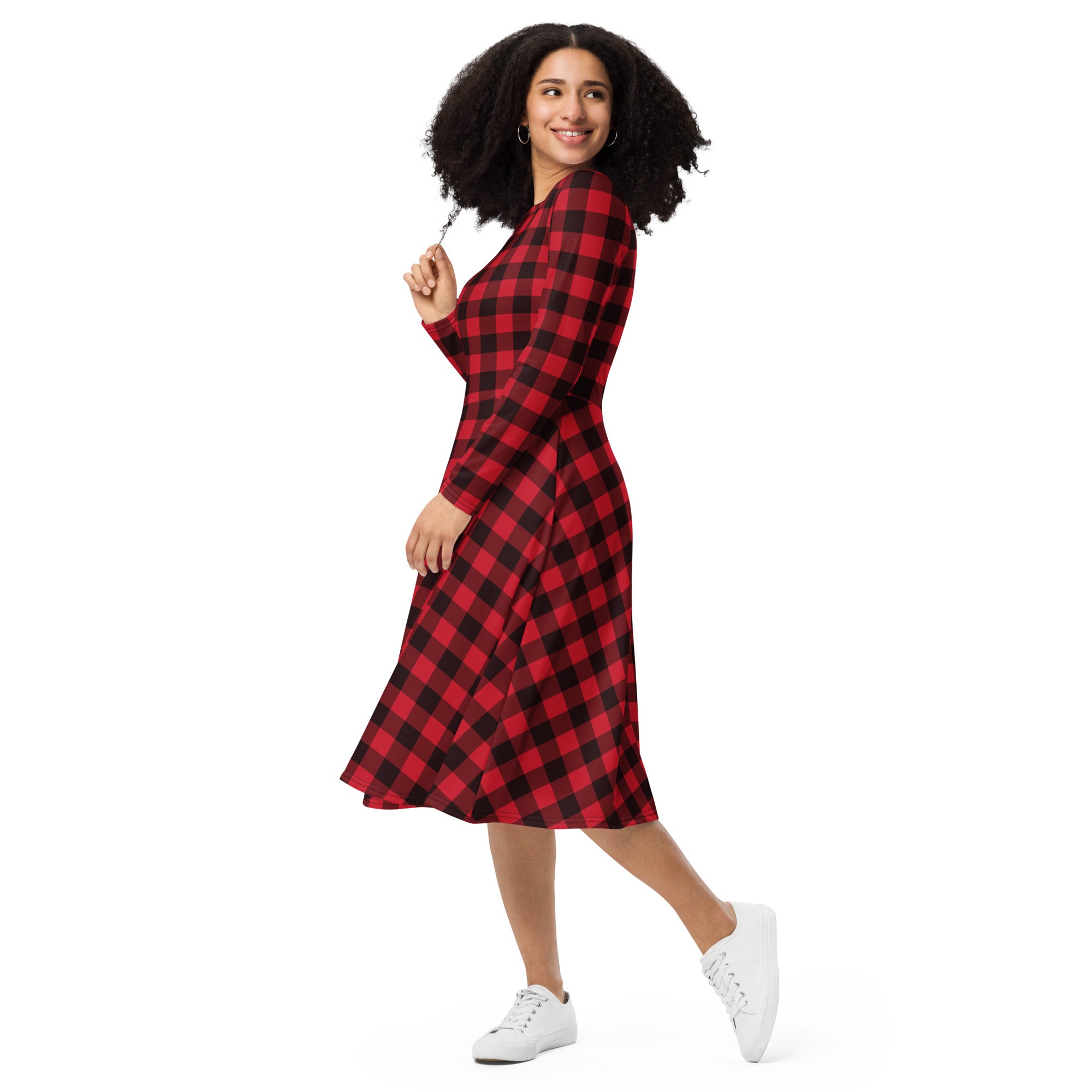 Red Buffalo Plaid Long Sleeve Midi Dress with Pockets, Black Check Wom –  Starcove Fashion