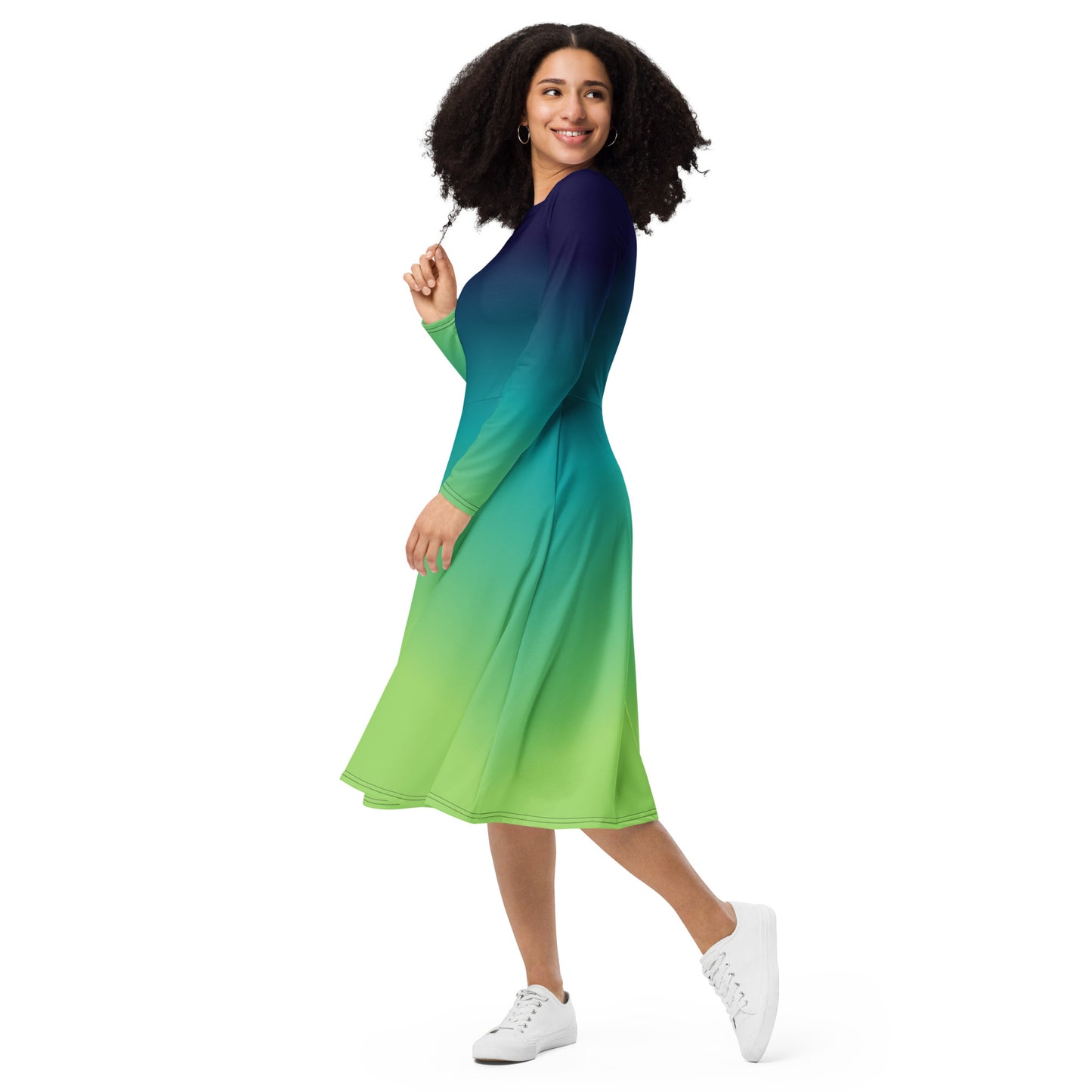 Blue Green Ombre Long Sleeve Midi Dress with Pockets, Tie Dye Gradient Women Casual Cute Designer Flare Elegant Plus Size Dress