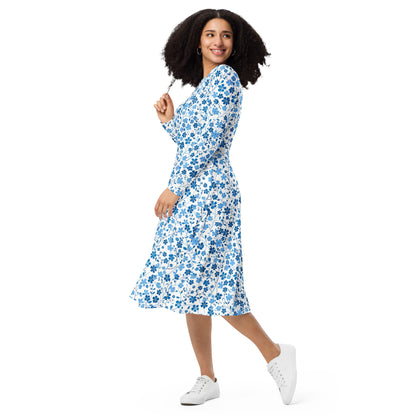 Blue Ditsy Floral Long Sleeve Midi Dress with Pockets, White Flower Women Casual Cute Designer Flare Elegant Evening Plus Size Cocktail