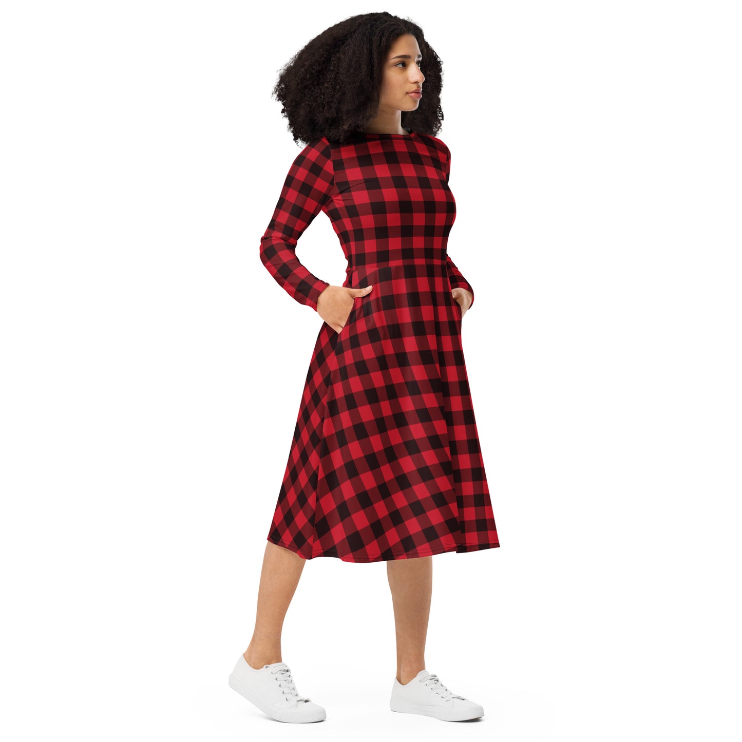 Red Buffalo Plaid Long Sleeve Midi Dress with Pockets, Black Check Women Casual Cute Designer Flare Elegant Plus Size Dress Starcove Fashion