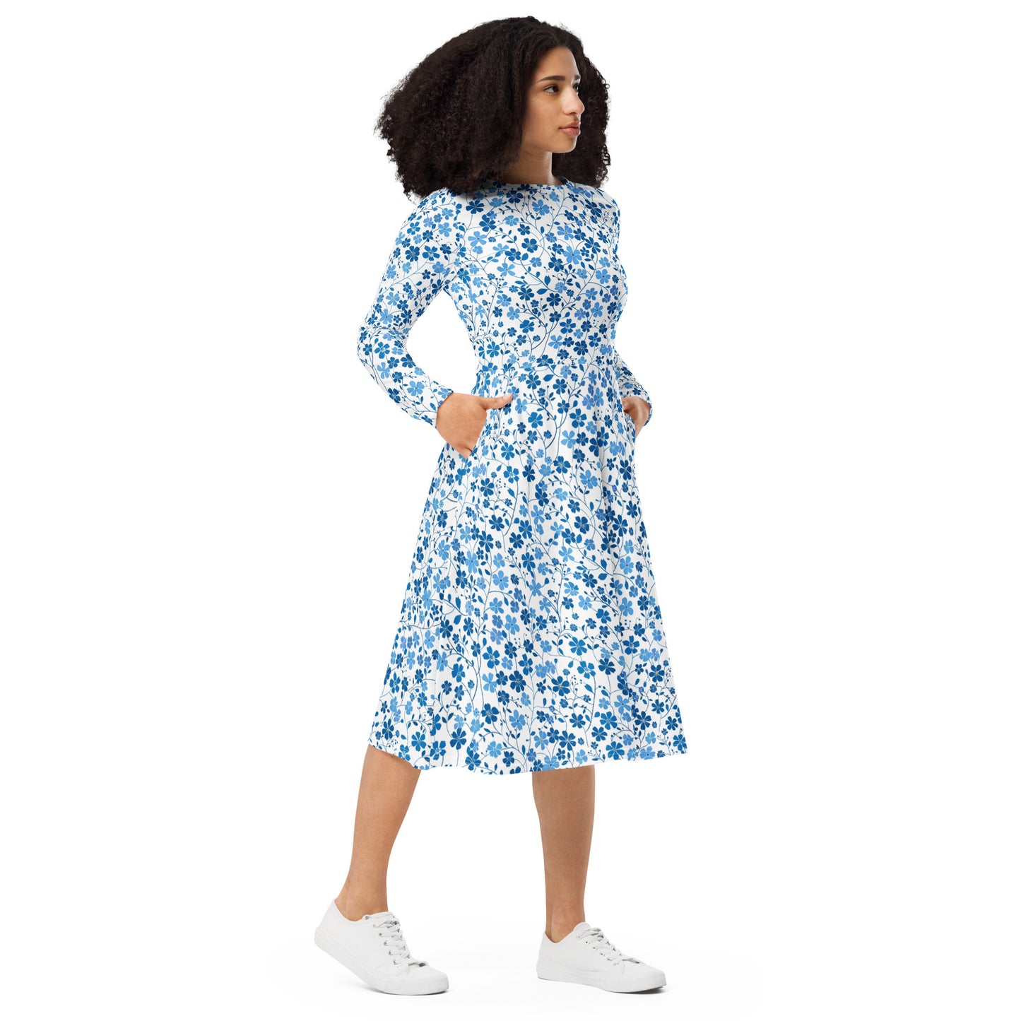 Blue Ditsy Floral Long Sleeve Midi Dress with Pockets, White Flower Women Casual Cute Designer Flare Elegant Evening Plus Size Cocktail