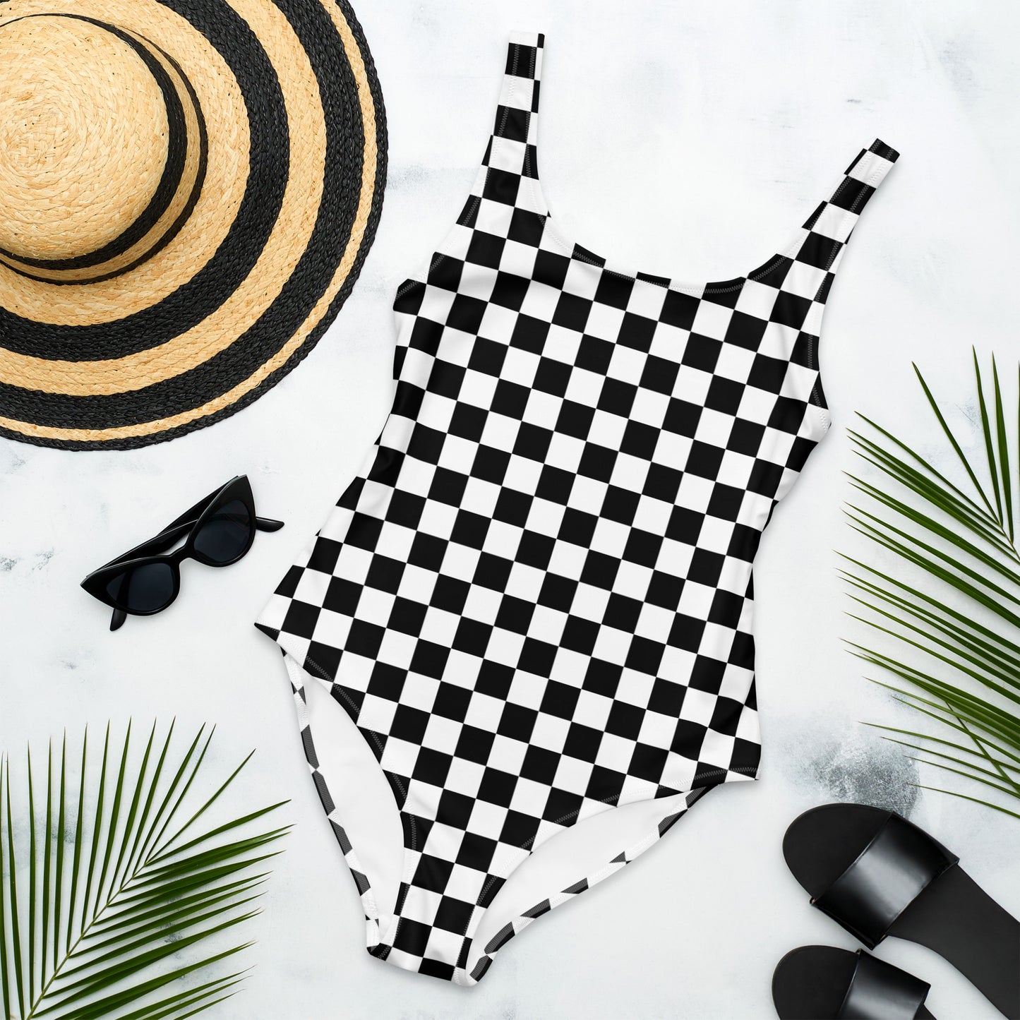 Checkered Flag One Piece Swimsuit, Black White Racing Check Bathing Suit For Women Swim Swimming Swimwear