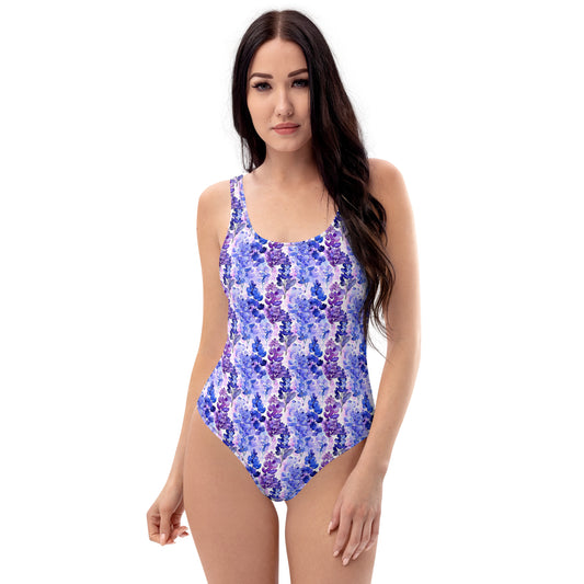 Lavender One Piece Swimsuit Women, Purple Floral Flowers Purple Cute Designer Swim Swimming Sexy Bathing Suits Body Ladies Swimwear