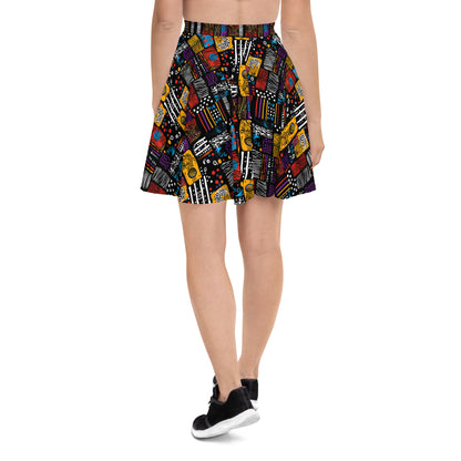 African Print Women Skirt, Patches Black Mini Summer Skater Short Circle Cute Handmade Party Ladies Pleated High Wasted