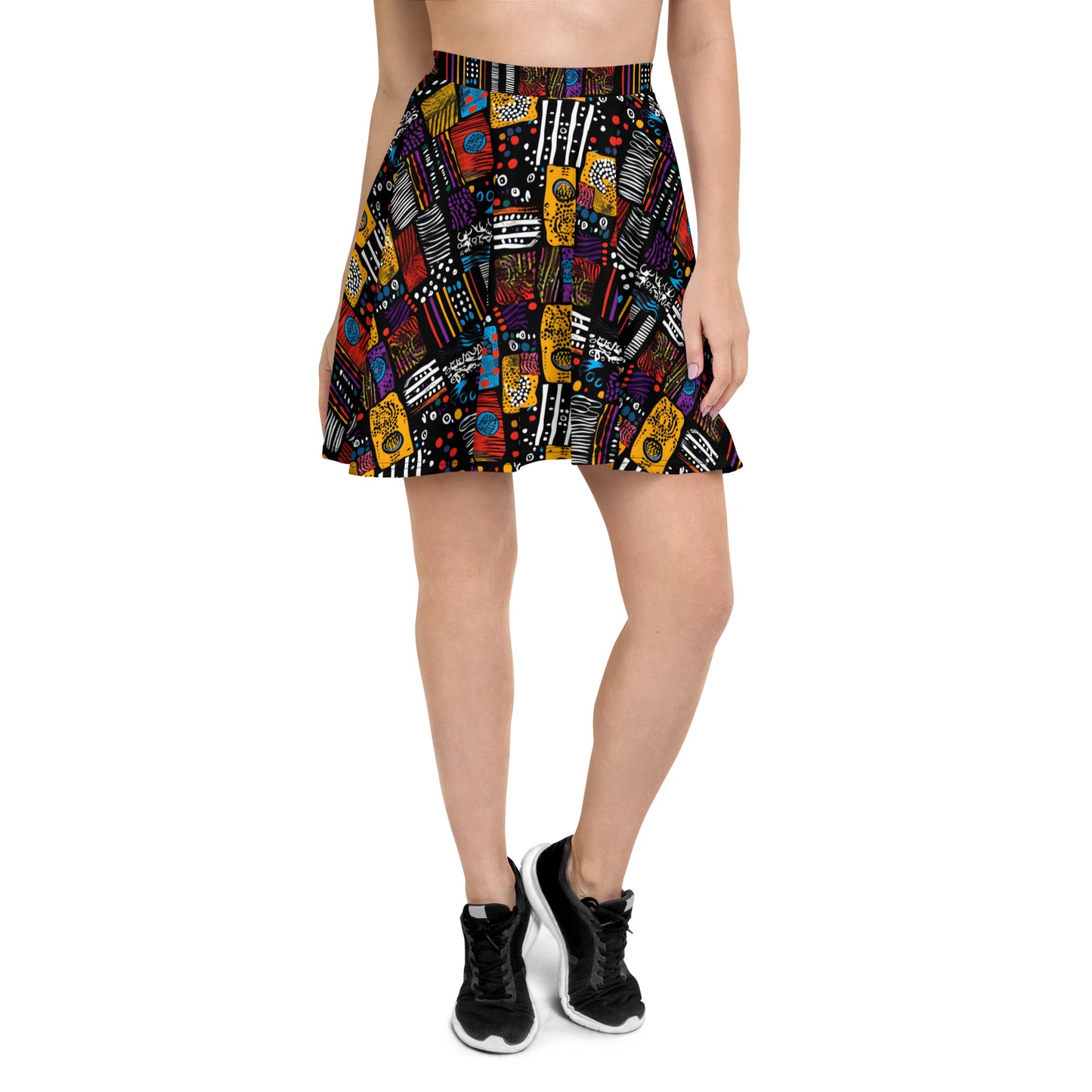 African Print Women Skirt, Patches Black Mini Summer Skater Short Circle Cute Handmade Party Ladies Pleated High Wasted