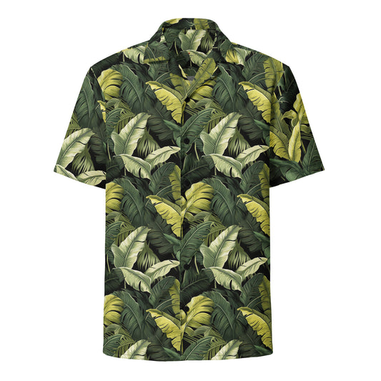 Tropical Short Sleeve Men Button Up Shirt, Green Leaves Unisex Women Moisture Wicking Print Casual Buttoned Down Summer Collared Plus Size Starcove Fashion