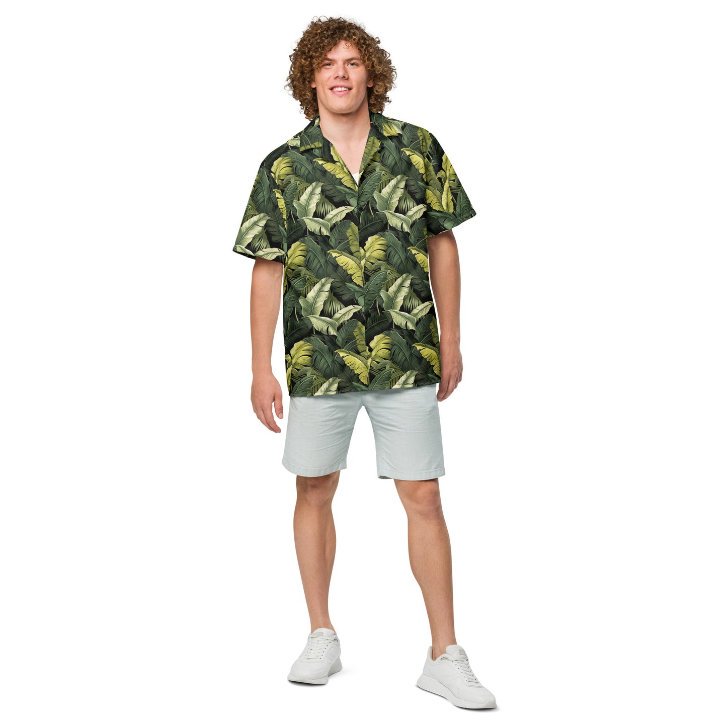 Tropical Short Sleeve Men Button Up Shirt, Green Leaves Unisex Women Moisture Wicking Print Casual Buttoned Down Summer Collared Plus Size Starcove Fashion