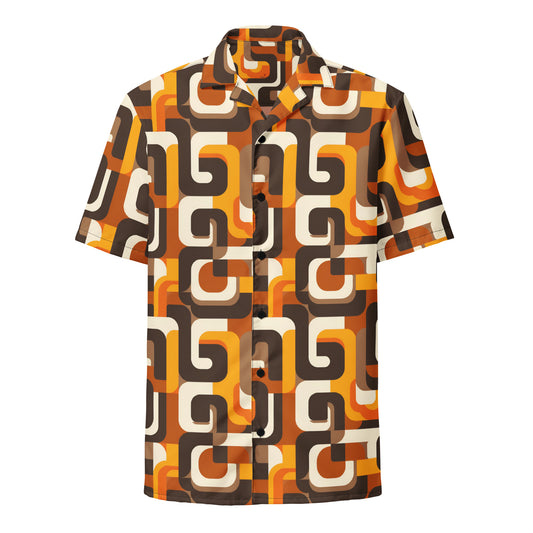 70s Retro Men Button Up Shirt, Geometric Vintage Brown Orange Short Sleeve Print Casual Buttoned Down Summer Hawaiian Collared Designer