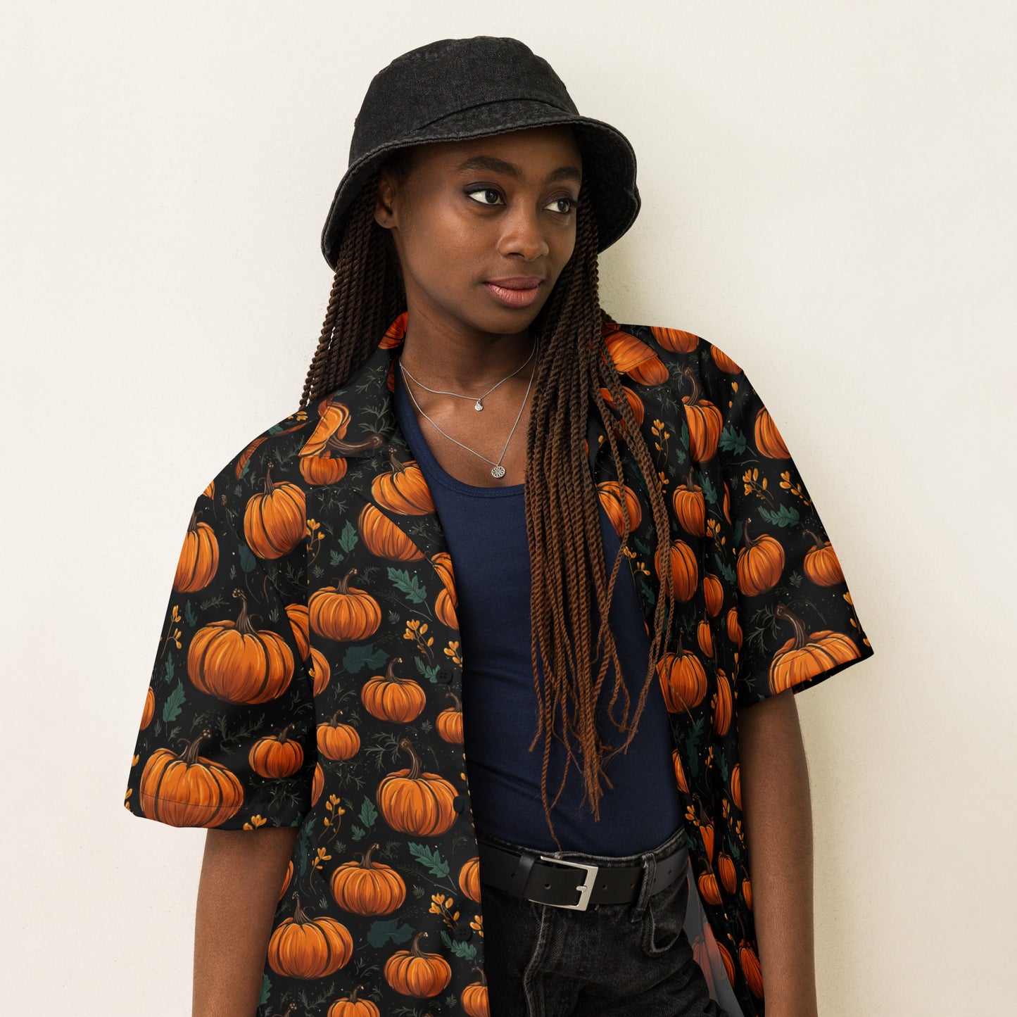 Pumpkins Short Sleeve Button Up Shirt, Fall Autumn Orange Print Casual Men Women Buttoned Down Summer Collared Dress Moisture Wicking Shirt Starcove Fashion