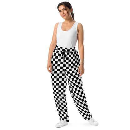 Checkered Wide Leg Joggers Pants, Black White Check Sweatpants Pockets Men Women Straight Leg Sweats Ladies Jogging Athletic Loungewear