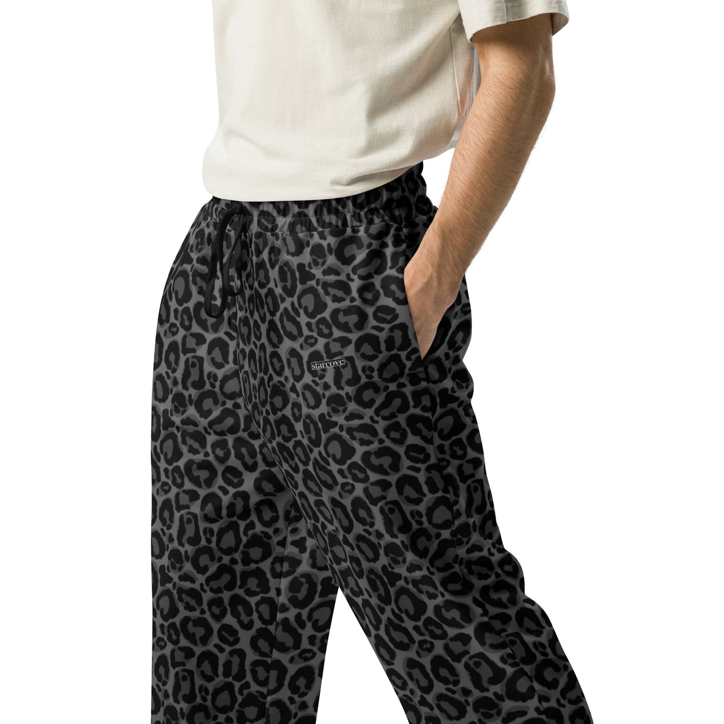 Black Leopard Wide Leg Joggers Pants, Grey Animal Print Leopard Sweatpants Pockets Men Women Straight Leg Sweats Ladies Jogging Athletic