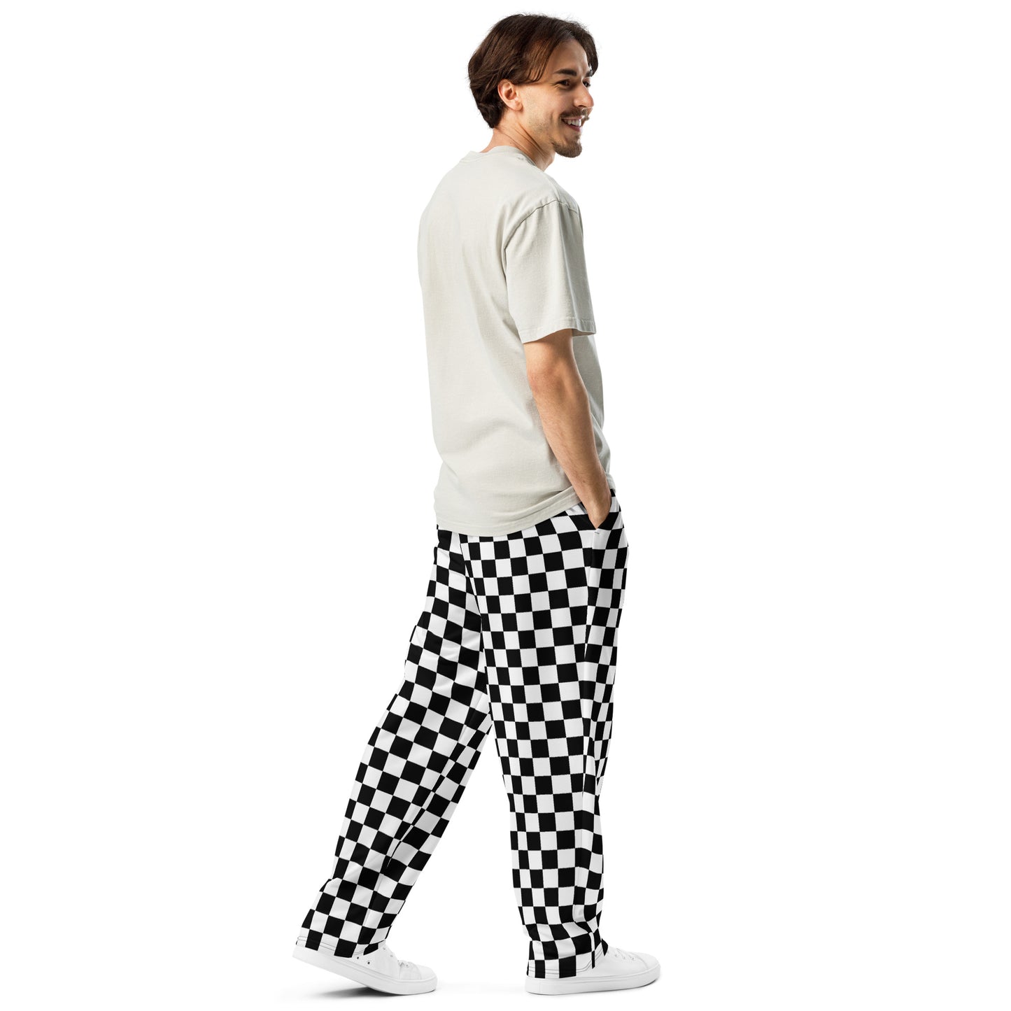 Checkered Wide Leg Joggers Pants, Black White Check Sweatpants Pockets Men Women Straight Leg Sweats Ladies Jogging Athletic Loungewear