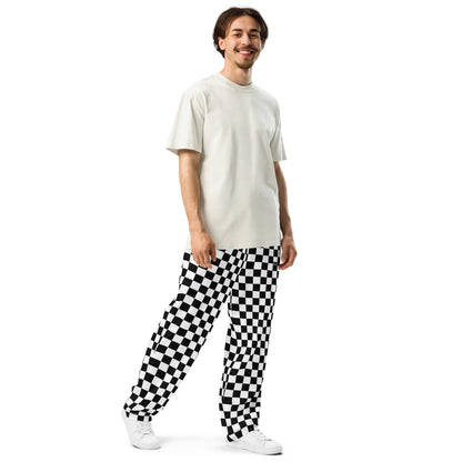 Checkered Wide Leg Joggers Pants, Black White Check Sweatpants Pockets Men Women Straight Leg Sweats Ladies Jogging Athletic Loungewear