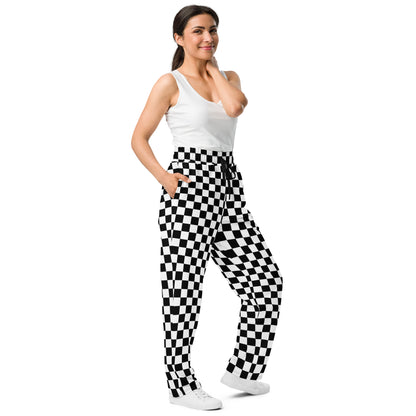 Checkered Wide Leg Joggers Pants, Black White Check Sweatpants Pockets Men Women Straight Leg Sweats Ladies Jogging Athletic Loungewear