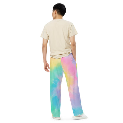 Pastel Tie Dye Wide Leg Pants Pockets, Hippie Women Men Yoga Trousers Ladies Boho Comfy Drawstring Lounge Flowy Festival Work Plus Size