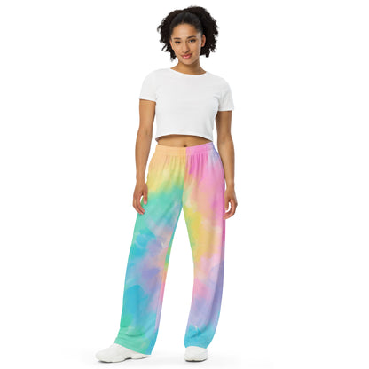 Pastel Tie Dye Wide Leg Pants Pockets, Hippie Women Men Yoga Trousers Ladies Boho Comfy Drawstring Lounge Flowy Festival Work Plus Size