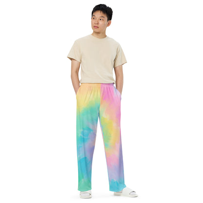 Pastel Tie Dye Wide Leg Pants Pockets, Hippie Women Men Yoga Trousers Ladies Boho Comfy Drawstring Lounge Flowy Festival Work Plus Size