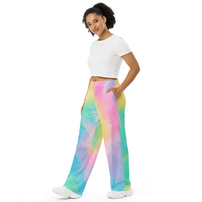 Pastel Tie Dye Wide Leg Pants Pockets, Hippie Women Men Yoga Trousers Ladies Boho Comfy Drawstring Lounge Flowy Festival Work Plus Size