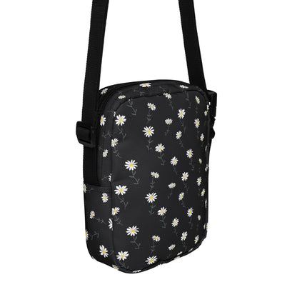 Daisy Floral Crossbody Bag Purse, Black White Flowers Women Men Phone Small Handbag Shoulder Ladies Zip Strap Designer Summer Cross Body