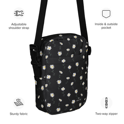 Daisy Floral Crossbody Bag Purse, Black White Flowers Women Men Phone Small Handbag Shoulder Ladies Zip Strap Designer Summer Cross Body