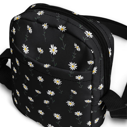 Daisy Floral Crossbody Bag Purse, Black White Flowers Women Men Phone Small Handbag Shoulder Ladies Zip Strap Designer Summer Cross Body