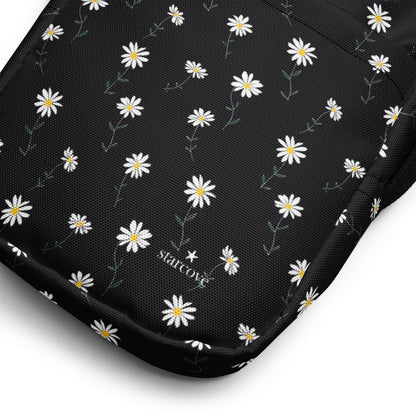 Daisy Floral Crossbody Bag Purse, Black White Flowers Women Men Phone Small Handbag Shoulder Ladies Zip Strap Designer Summer Cross Body