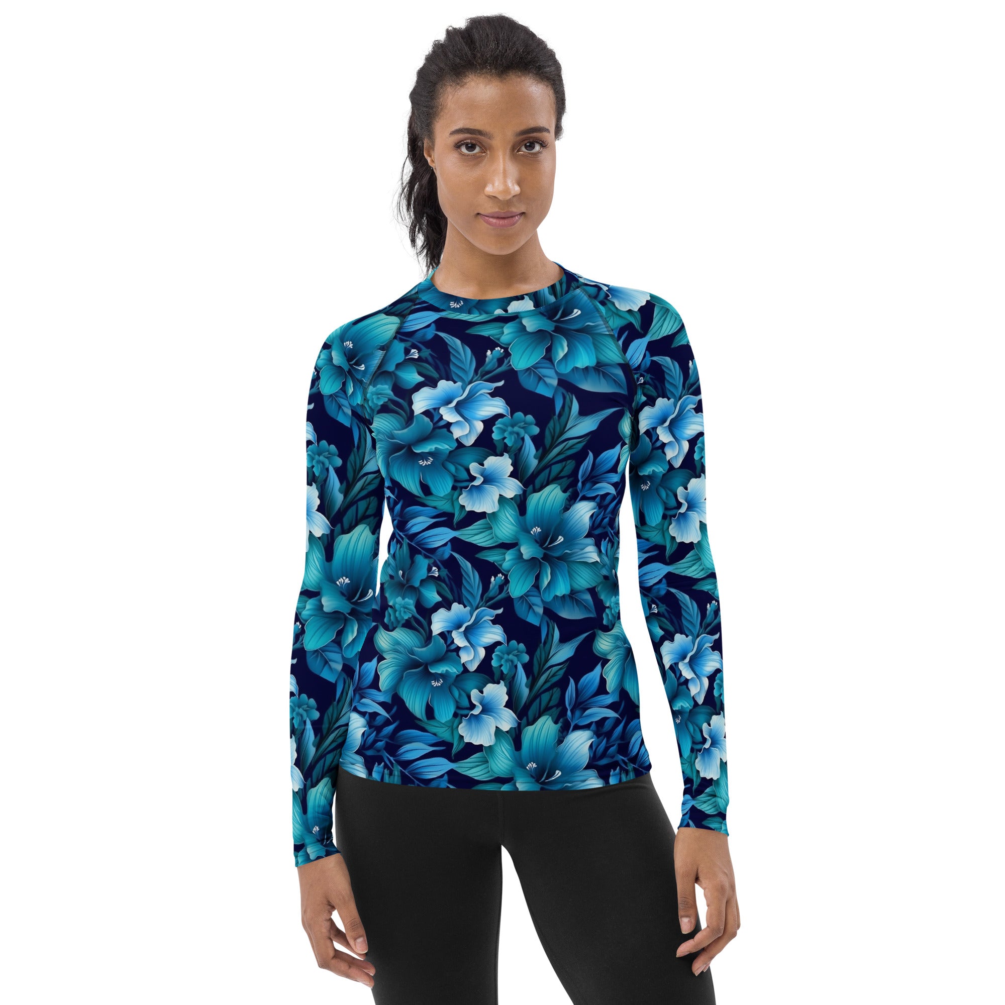 Blue Flowers Women s Rash Guard Floral Print Surf Long Sleeve Swim Sh Starcove Fashion