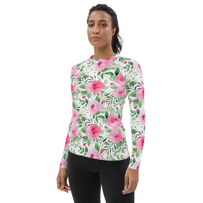 Pink Flowers Women's Rash Guard, Floral White Print Surf Long Sleeve Swim Shirt Sun Protection Designer 50 UPF SPF UV Cover Starcove Fashion