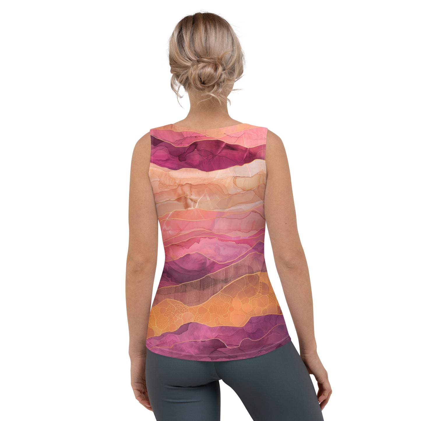 Rose Pink Purple Gold Boho Women Tank Top, Abstract Tie Dye Festival Yoga Workout Sexy Summer Muscle Sleeveless Shirt