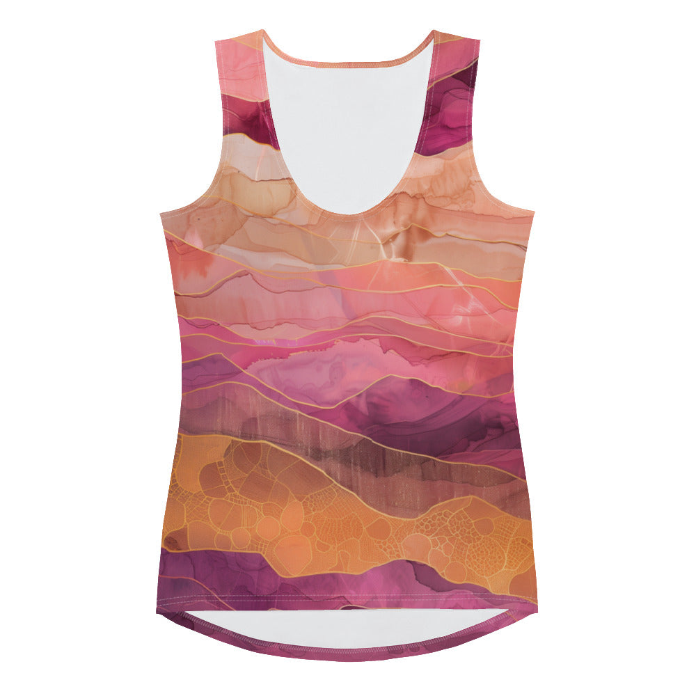 Rose Pink Purple Gold Boho Women Tank Top, Abstract Tie Dye Festival Yoga Workout Sexy Summer Muscle Sleeveless Shirt