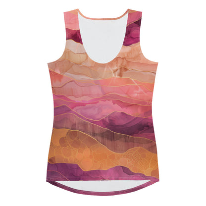 Rose Pink Purple Gold Boho Women Tank Top, Abstract Tie Dye Festival Yoga Workout Sexy Summer Muscle Sleeveless Shirt