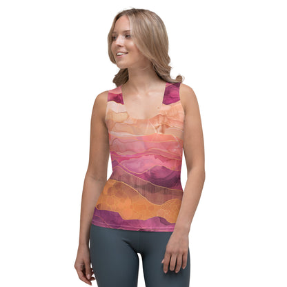 Rose Pink Purple Gold Boho Women Tank Top, Abstract Tie Dye Festival Yoga Workout Sexy Summer Muscle Sleeveless Shirt