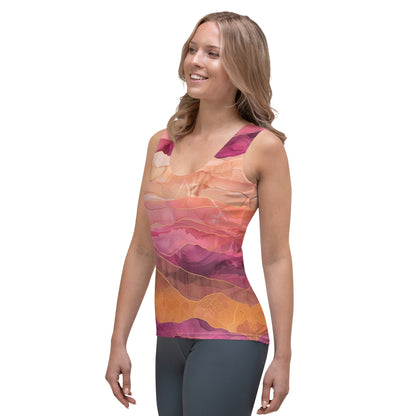 Rose Pink Purple Gold Boho Women Tank Top, Abstract Tie Dye Festival Yoga Workout Sexy Summer Muscle Sleeveless Shirt