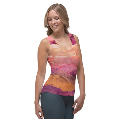 Rose Pink Purple Gold Boho Women Tank Top, Abstract Tie Dye Festival Yoga Workout Sexy Summer Muscle Sleeveless Shirt