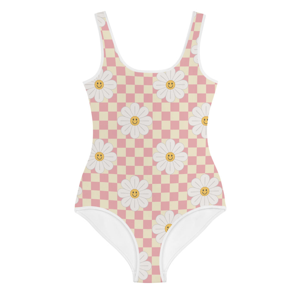 Groovy Checkered Girls Swimsuits (8 - 20), Pink Chamomile Flower Kids Jr  Junior Tween Teen One Piece Bathing Suit Young Swimwear
