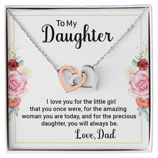 To My Daughter Necklace from Dad, Father Message Card Interlocking Hearts Pendant Gold Jewelry Birthday Christmas Gift Presents