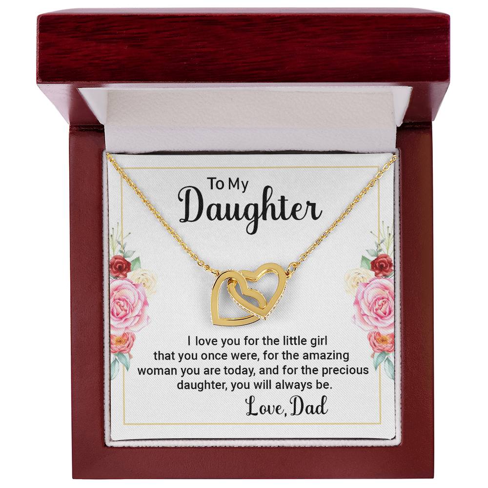 To My Daughter Necklace from Dad, Father Message Card Interlocking Hearts Pendant Gold Jewelry Birthday Christmas Gift Presents