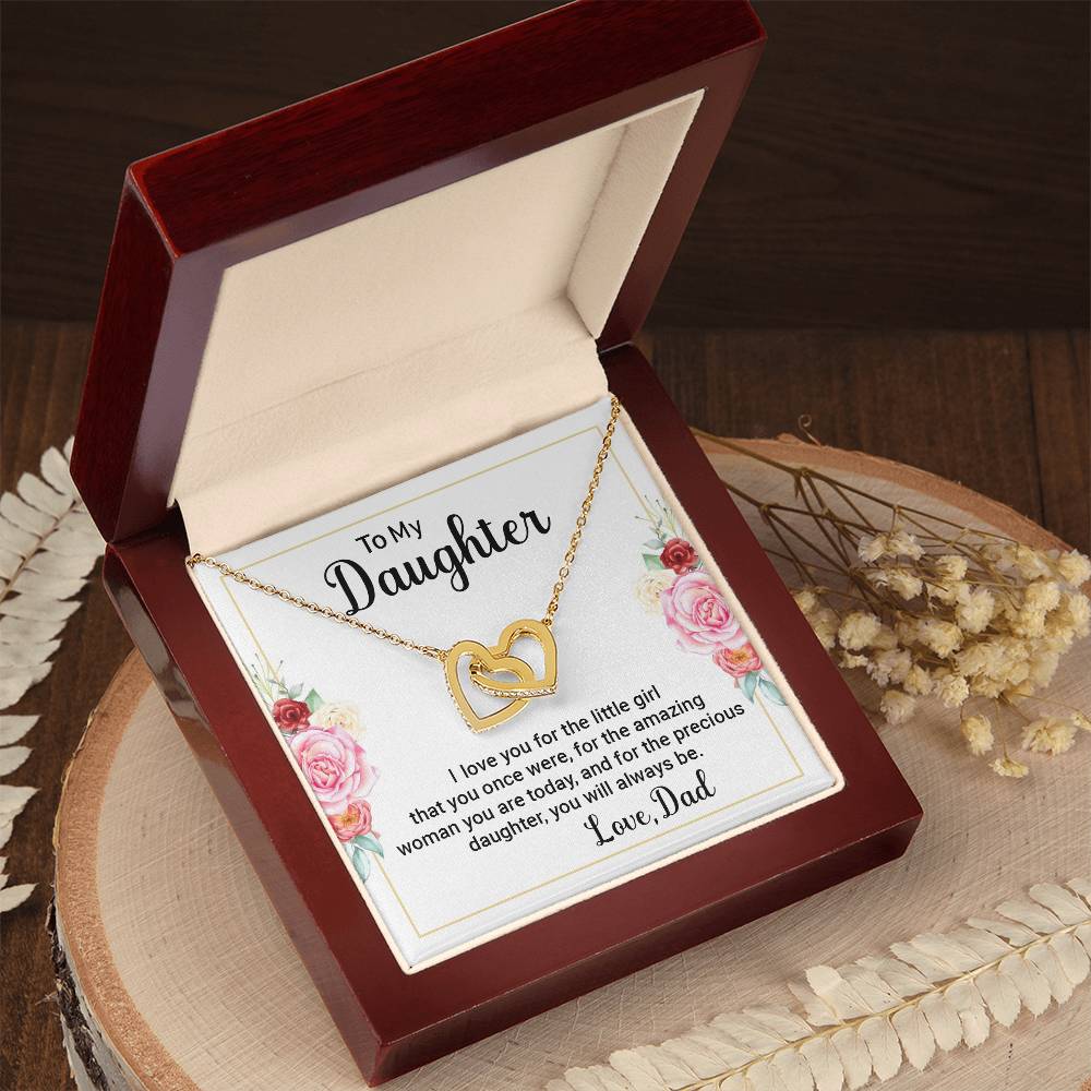 To My Daughter Necklace from Dad, Father Message Card Interlocking Hearts Pendant Gold Jewelry Birthday Christmas Gift Presents