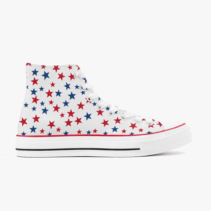 Red White Blue Stars High Top Shoes, American Flag USA Women Men Lace Up Sneakers 4th of July Footwear Canvas Ladies Trainers Designer