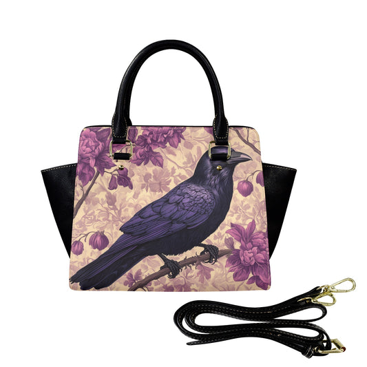 Gothic Violet Raven Purse Handbag, Crow Purple Cottagecore Floral Vintage Leather Designer Women Ladies Satchel Top Zip Handle Bag Shoulder