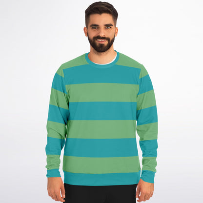 Light Blue Green Striped Sweatshirt, Teal Bold Horizontal Retro Vintage Crewneck Fleece Cotton Sweater Jumper Pullover Men Women Adult Top