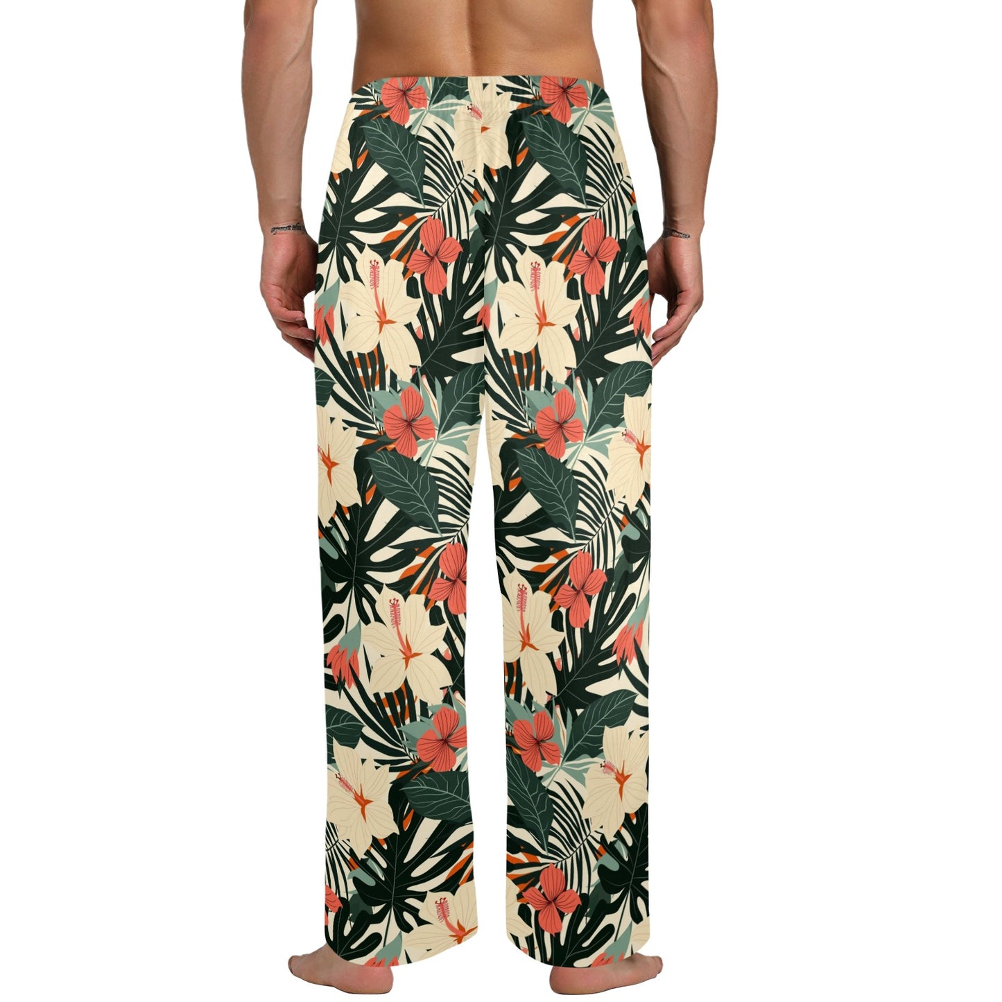 Tropical Leaf Men Pajamas Pants, Retro Floral Flowers Vacation Pattern Satin PJ Pockets Sleep Trousers Matching Trousers Bottoms Sleepwear