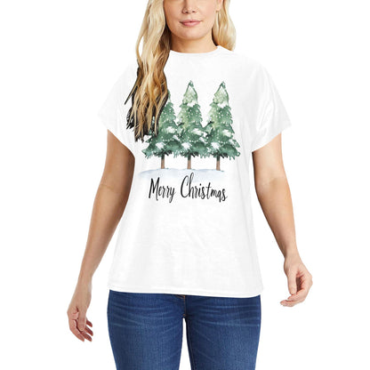 Merry Christmas Women Sleep Pajama Short Sleeve Shirt, Xmas Trees Watercolor Crewneck Up Ladies Sleeping Cute Pjs Night Loungewear Top